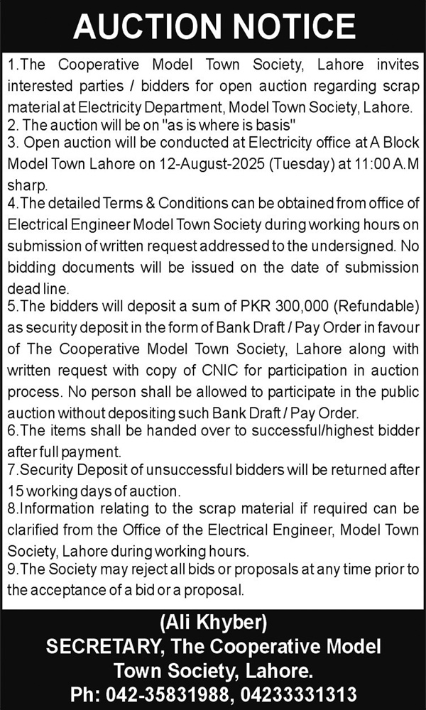 The Cooperative Model Town Society Lahore Tender Notice